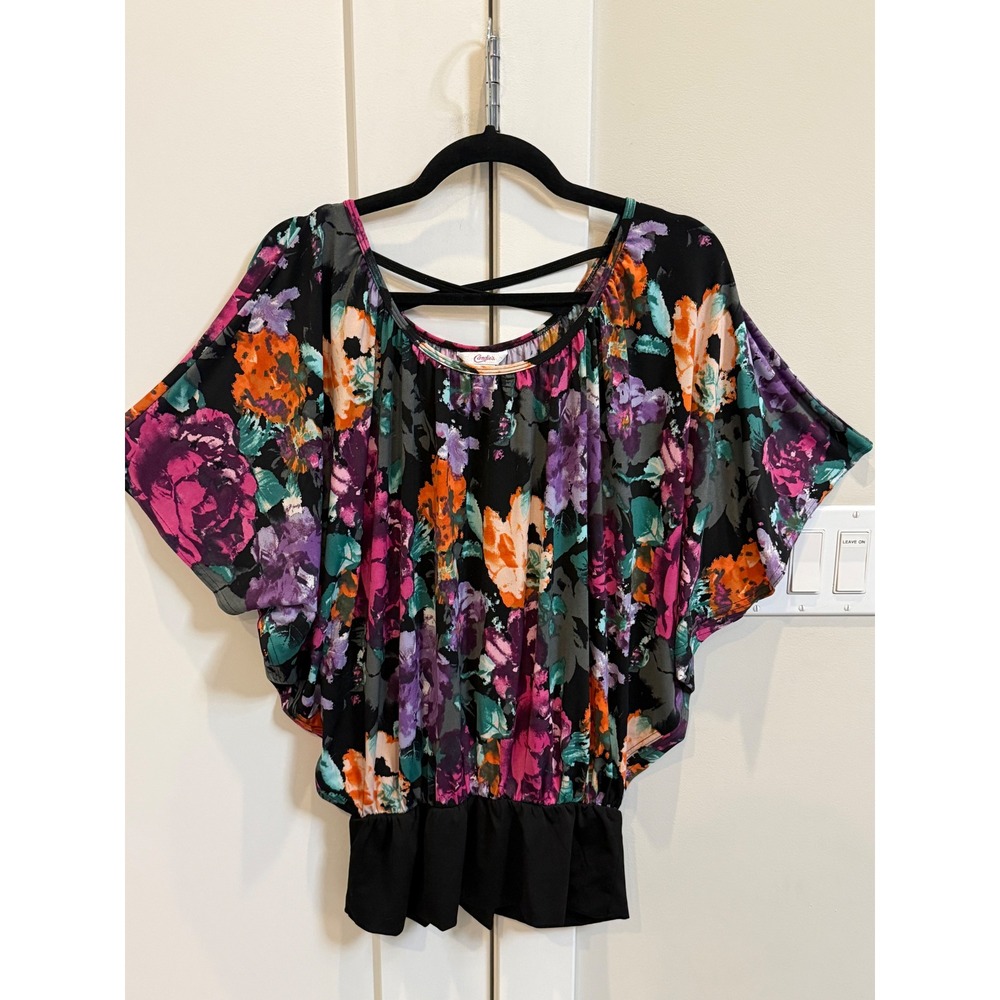 Candies Women XL Floral Dolman Sleeve Blouse Black Purple Orange Strappy Back